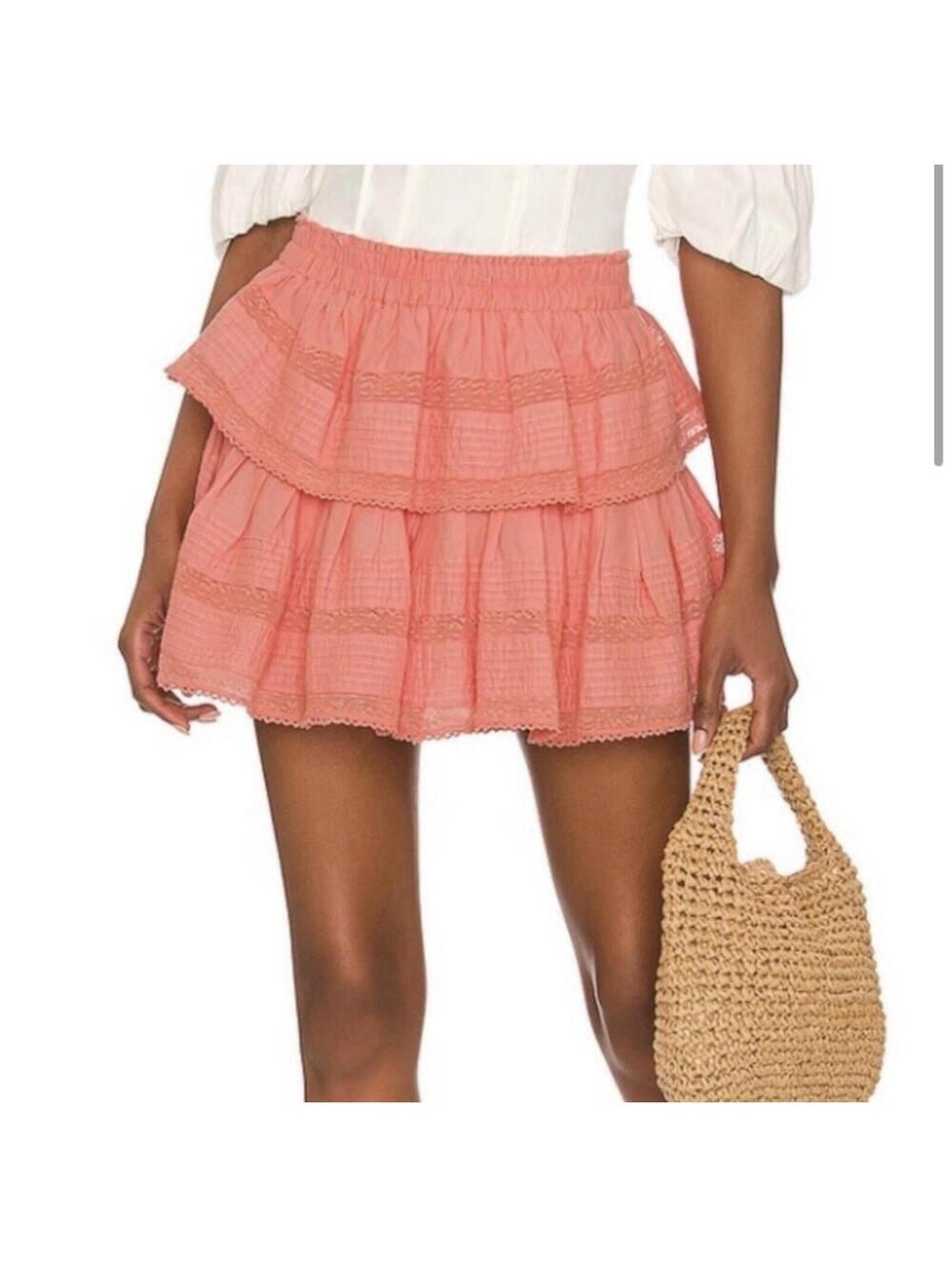 LoveShackFancy Ruffle Mini Skirt Peach Blossom Tiered Cotton Lace Size 00